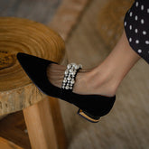 Retro Pearl Pointed Toe Chunky Heel Flats Oshnow